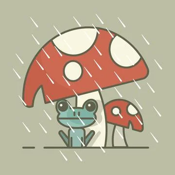 Frog under mushroom in rain. Stock Illustration