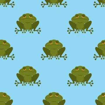 Frog in water seamless pattern. Blue Lake and Green Toad. Texture for childre Stock Illustration