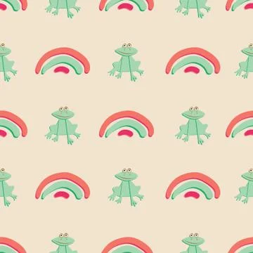 Frogs and rainbows seamless vector pattern Stock Illustration