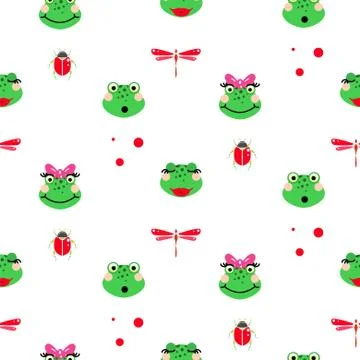 Frogs cartoon green seamless vector pattern. Stock Illustration