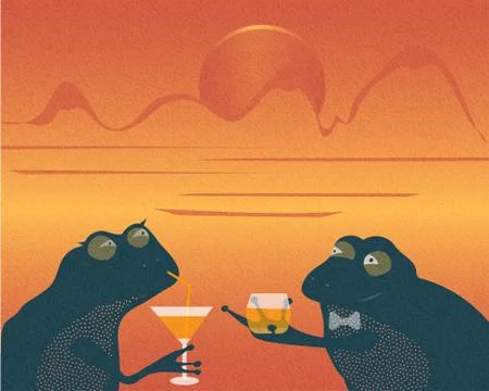 Frogs couple drinking coctails on the beach. Stock Illustration