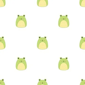 Frogs seamless pattern. Squishmallow. Repeatable background with frog. Kawaii Stock Illustration