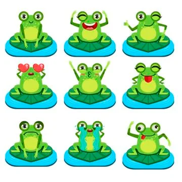 Frogs Sitting On Leaf Characters Set Illustrazione stock