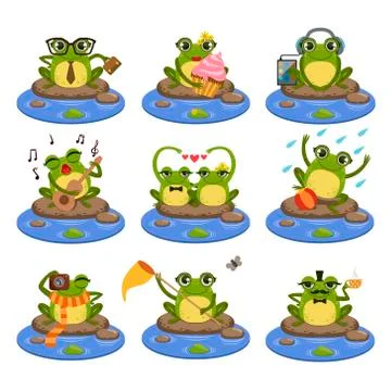 Frogs Sitting On The Stone Character Set Illustrazione stock