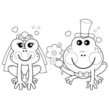 Frogs wedding. Vector black and white coloring page Stock Illustration