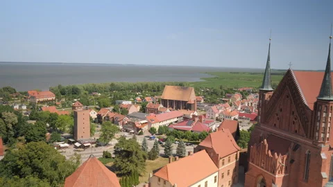 Frombork town, Poland. Panoramic view on the town, harbor and Vistula Lagoon. Stock Footage 297258217