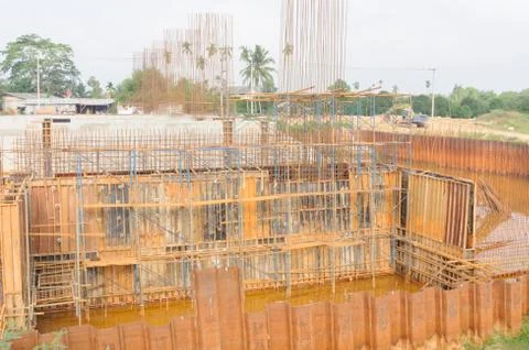 Fromwork in the context of concrete construction dam. Stock Photos