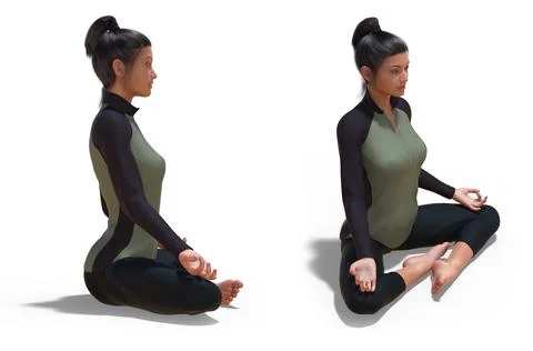Front 3/4 and Right Poses of a virtual Woman with Sport Outfit in Yoga Easy pose Stock Illustration