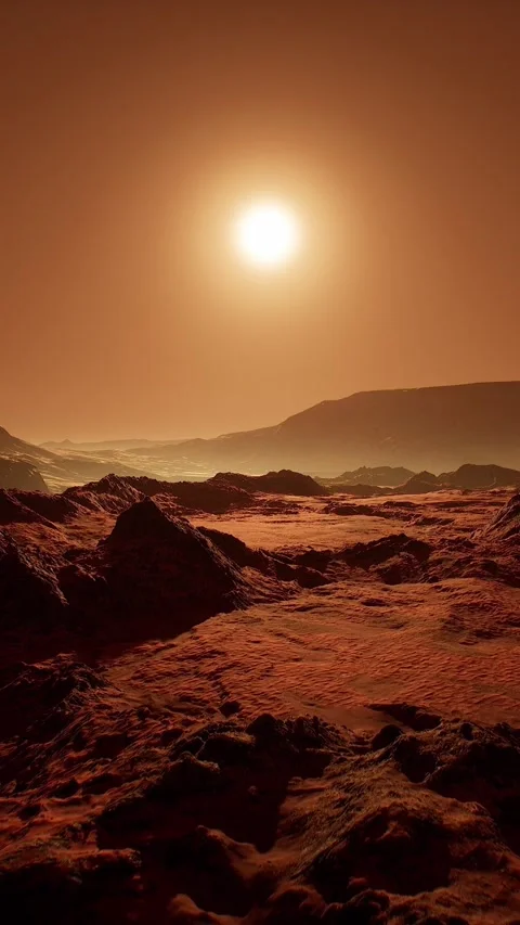 Front aerial shot at sunset of the red Martian desert surface on Mars Video stock 282054778