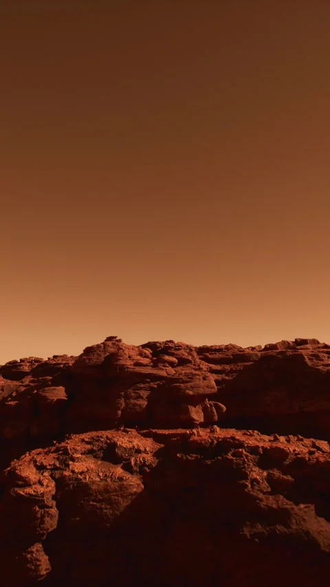 Front aerial view flying over the red surface of the Martian desert on Mars Stock Footage 282054895