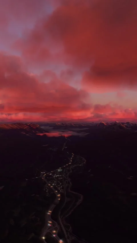 Front Aerial View Sunset of Château Lake Louise. Canada Stock Footage 284490245