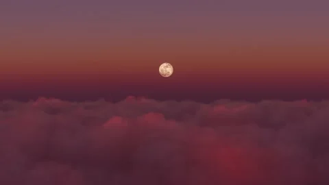 Front Aerial View at Sunset Flying Over the Clouds with the Full Moon Stock Footage 238546978