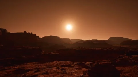 Front aerial view at sunset of the red Martian desert surface on Mars Stock Footage 245819493