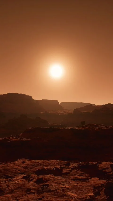 Front aerial view at sunset of the red Martian desert surface on Mars Vídeo Stock 282054982