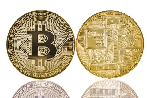 Front and back of a bitcoin cropped on a white background Stock Photos