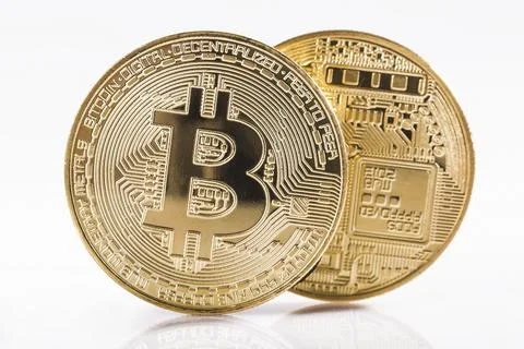 Front and back of a bitcoin cropped on a white background Stock Photos