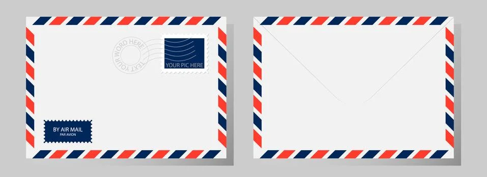 Front and back of classic envelope with stamp, postmark and airmail sign. Vec Stock Illustration