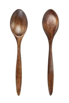 Front and back of empty brown wood spoon isolate on white background Stock Photos