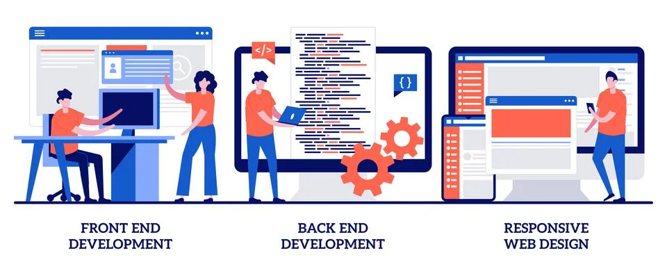 Front and back end development, responsive web design concept with tiny peo.. Stock Illustration