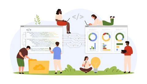 Front and back end software development, tiny people programming, coding and Stock Illustration
