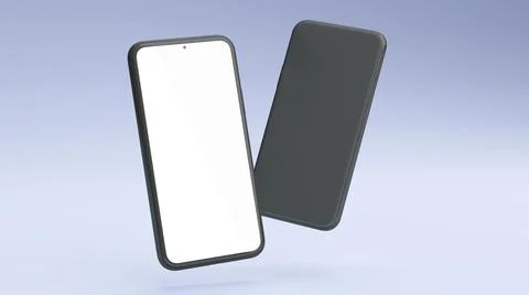 Front and back mobile phone mockup screen floating on a blue background in 3D Stock Illustration
