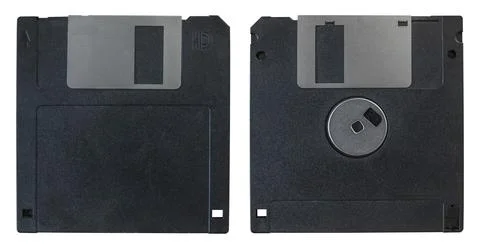 The Front And Back Of An Old Computer Floppy Disk On A White Background Stock Photos