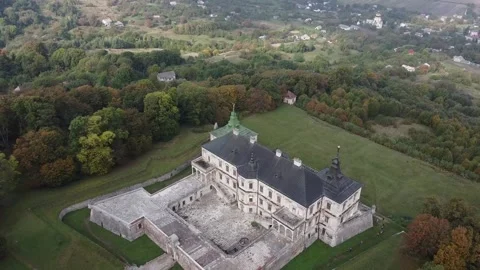 Front and back panoramic aerial view of Pidhirtsi Castle from drone Stock Footage 171923048