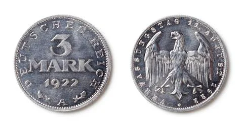 Front and back side of a 3 Mark aluminium coin from 1891. They were made in t Stock Photos