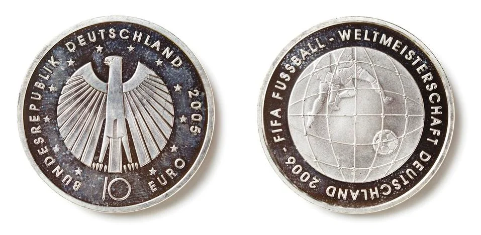 Front and back side of a specially minted 10 Euro coin for the 2006 football  Stock Photos
