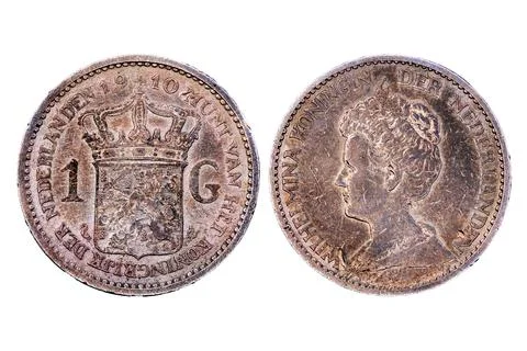 Front and Back View of 1910 Wilhelmina Mantle 1 Gulden Coin 스톡 사진