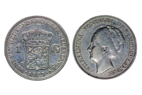 Front and Back View of 1923 Netherlands 1 Gulden Coin Wilhelmina Stock-Fotos