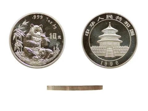 Front and Back View of 1996 Chinese Panda 10 Yuan Silver Coin Foto stock