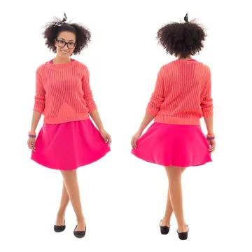 Front and back view of beautiful african american teenage girl in pink isolat 스톡 사진