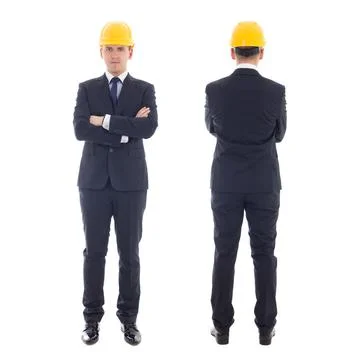 Front and back view of handsome business man in yellow builder's helmet  isol Stock Photos