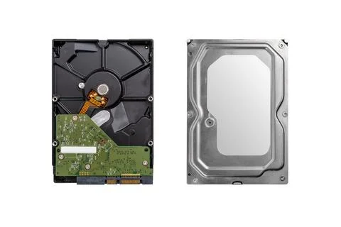 Front and back view of hard disk drive showing metal cover and internal com.. Stock Photos