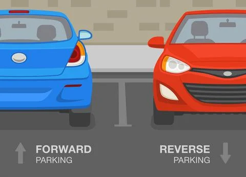 Front and back view of a perpendicular parked cars. Forward and reverse parking. Stock Illustration