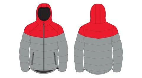 A front and back view of a puffer jacket with a red hood and upper section, tran Stock Illustration