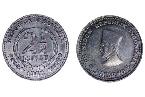 Front and Back View of Sukarno Pattern Coin 2 1/2 Rupiah 1963 스톡 사진