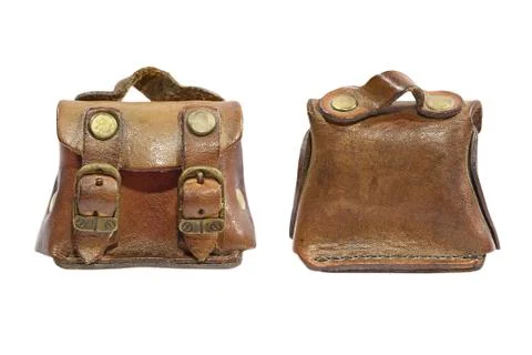 Front and back view of vintage leather toy bag.isolated. Stock Photos