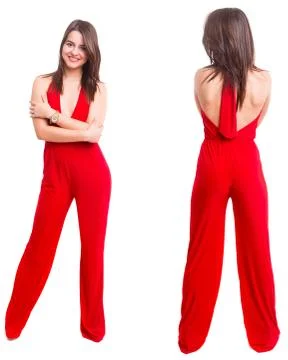 Front and back view of young woman in red dress posing isolated on white Stock Photos