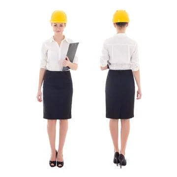 Front and back view of young beautiful business woman in builder helmet isola Stock Photos