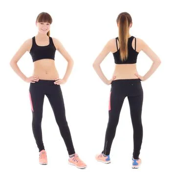 Front and back view of young woman in sports wear isolated on white Stock Photos