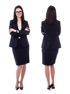 Front and back view of young woman in business suit isolated on white Stockfoto's