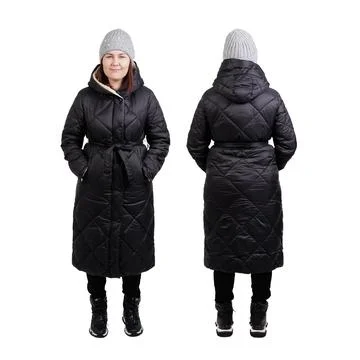Front and back view of young woman in winter look isolated on white Stock Photos