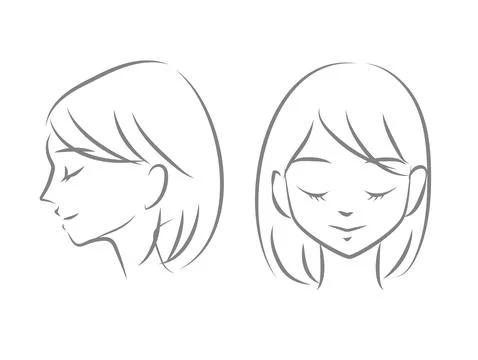 Front and profile line drawing of a young woman. Stock Illustration