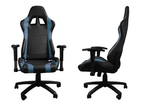 Front and side view of black and blue leather racing car design gaming chair  Foto stock