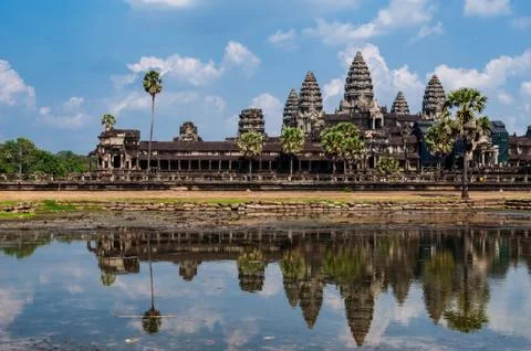 Front of Angkor Wat with reflection in water Stock Photos