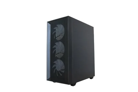 Front angle view of a black computer case with a mesh front panel and three.. Stock Photos