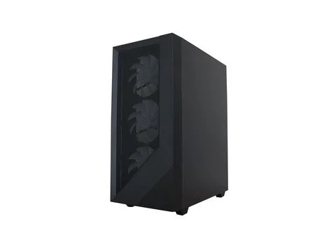 Front angle view of a black computer case with a mesh grill and three inter.. Stock Photos