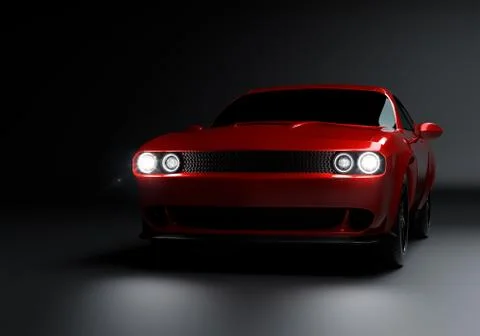 Front angle view of a generic red brandless American muscle car on a black ba Stock Photos